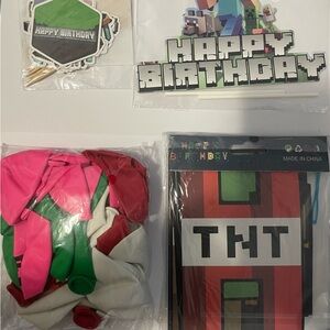 Minecraft TNT Party Banner and Pink/Green/White Balloons - Party Supplies